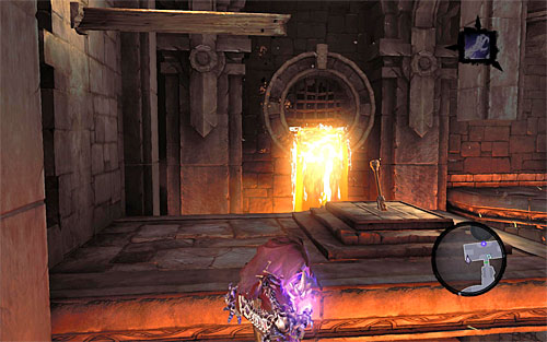 Turn left and start by jumping onto the first vertical wooden pole - Wake up the Keeper (2) - The Heart of the Mountain - Darksiders II - Game Guide and Walkthrough