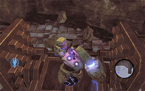 Find the construct that you used to move around this location, mount it and stop in the spot shown in the above screenshot, after you reach the press - Wake up the Keeper (3) - The Heart of the Mountain - Darksiders II - Game Guide and Walkthrough