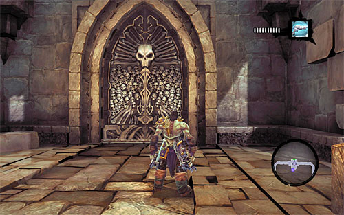 Having collected all the treasures, make sure you're on the upper balconies and head towards the eastern part of the area, passing through a hole in the wall (remember that you can summon Dust to show you the way to the current mission goal) - Summon the Arena Champion (1) - The Toll of Kings - Darksiders II - Game Guide and Walkthrough