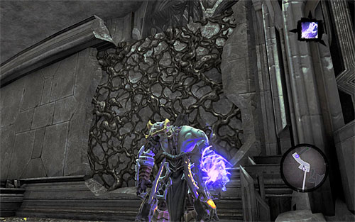 After you reach the end of the aqueduct, collect a shadowbomb and use it to destroy nearby yellow formations - Find the Scribe - eastern part of the Citadel (2) - Stains of Heresy - Darksiders II - Game Guide and Walkthrough
