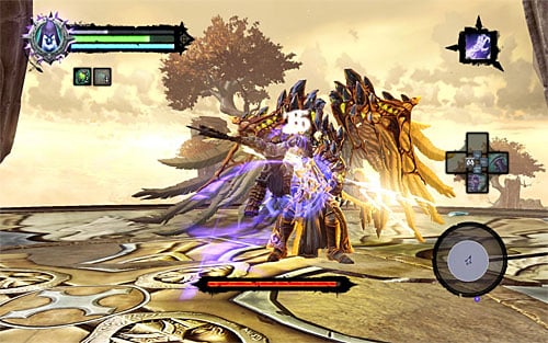 While fighting the Archon, I suggest applying the well-tried method of pulling yourself to him after each of his (and missed) attack - Boss 18 - Archon - Stains of Heresy - Darksiders II - Game Guide and Walkthrough