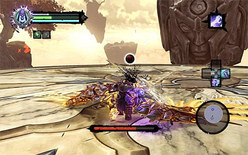 Repeat the process (pulling yourself to the flying Archon when the opportunity strikes) until the boss falls to the ground - Boss 18 - Archon - Stains of Heresy - Darksiders II - Game Guide and Walkthrough