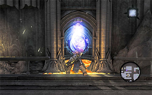 Stand in front of the first portal and use Death Grip on the handhold there - this way you'll jump into the portal without harm and be transported into a new place - Find Samael - western part of the Black Stone - The Lord of the Black Stone - Darksiders II - Game Guide and Walkthrough