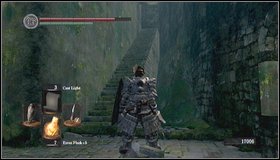 Youll encounter a junction with stairs in front of you [1] and stairs leading up on the right [2] - Undead Burg - Depths | Walkthrough - Walkthrough - Dark Souls Game Guide & Walkthrough