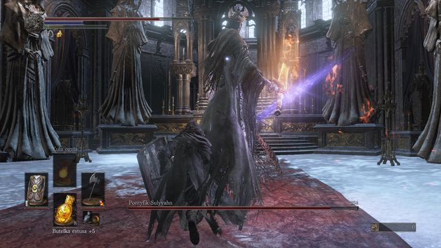By running around the enemy you will have an opportunity to dead one, two hits. After that you should jump away immediately. - Pontiff Sulyvahn - Bosses - Dark Souls III Game Guide & Walkthrough
