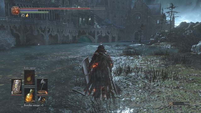 The road through the water will be safe if previously you have defeated the enemy on the bridge above. - Irithyll of the Boreal Valley - from the Church of Yorshka - Walkthrough - Dark Souls III Game Guide & Walkthrough