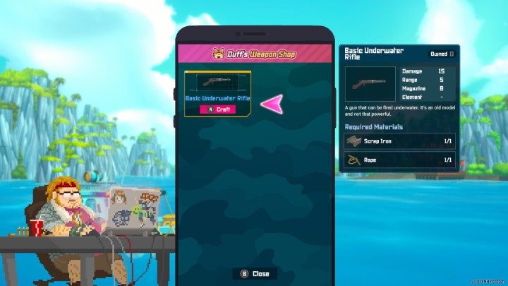 After unlocking the first weapon, Duff's Weapon Shop is also unlocked, and you can access it on your hero's smartphone - Dave the Diver: How to get a weapon? - Combat - Dave the Diver Guide