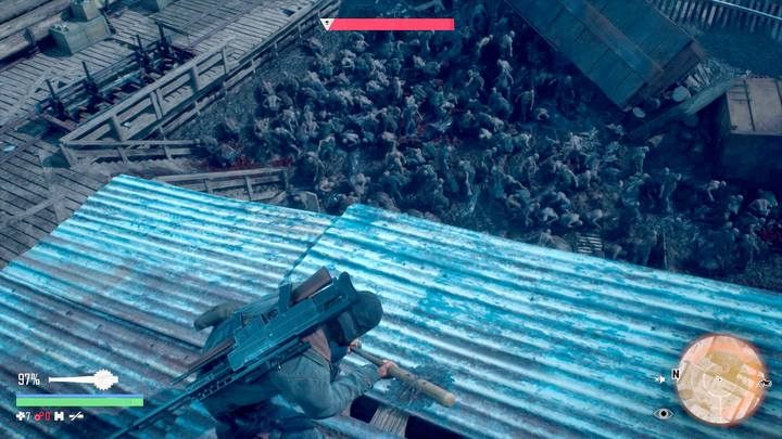 Its a good idea to make Napalm bombs and drop them in focus mode on enemies from the roof of the sawmill - Days Gone: Race against time - walkthrough - Main storyline - Days Gone Guide