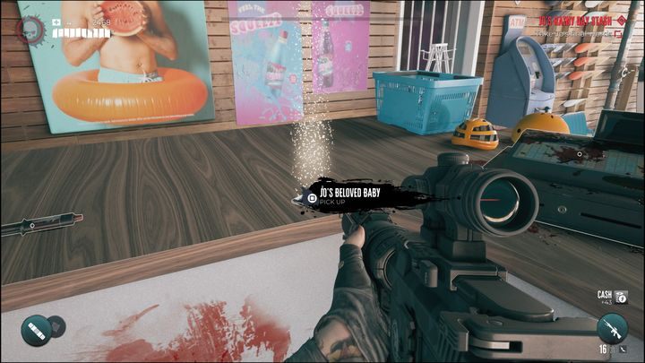 Look for the clue inside the shop, on a wooden counter - Dead Island 2: Jos Rainy Day Stash - Lost and found - Dead Island 2 Guide