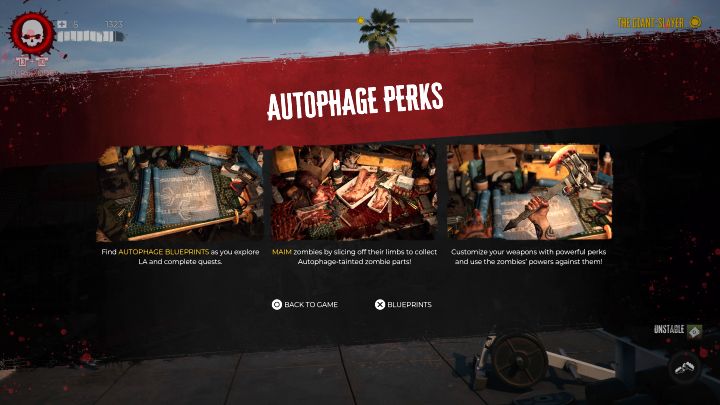 Autophage perks are unique blueprints easily distinguishable by their black background in the blueprint menu - Dead Island 2: Autophage - Basics - Dead Island 2 Guide