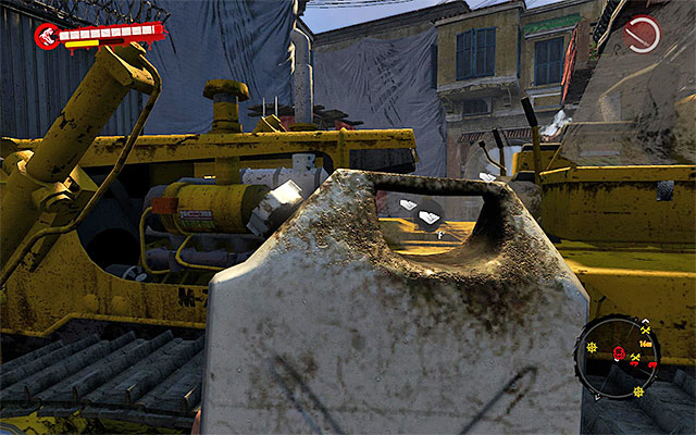 Return to the bulldozer and attach it in one of highlighted places - Attach gasoline canisters to the bulldozer | Chapter 12 - Quarantine Zone - Chapter 12 - Quarantine Zone - Dead Island Riptide Game Guide