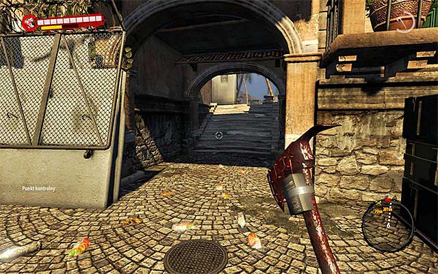 Search carefully this part of Military Base and then return next to the first tower with siren and find a narrow passage leading north (screen above) - Destroy or turn off sirens | Chapter 9 - Militarized Zone - Chapter 9 - Militarized Zone - Dead Island Riptide Game Guide