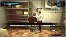 After the fight, go to the room at the back of the restaurant [1] and talk with the saved woman [2] - Case 2 - Side missions - Dead Rising 2 - Game Guide and Walkthrough