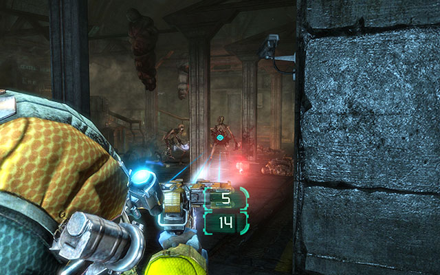 Go to the elevator and then go through several rooms until you get to larger chamber (Raised Hell) full of skeleton-Necromorphs - Protect the Armory munitions | Side missions: Armory - Side missions: Armory - Dead Space 3 Game Guide