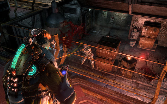 In the next room the only possibility is to use the elevator - enter it and ride it down - Protect the Armory munitions | Side missions: Armory - Side missions: Armory - Dead Space 3 Game Guide