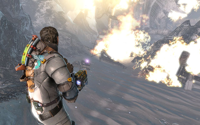 After falling down from the cliff, walk around burning parts of the shuttle on the right - you should see a circuit - Chapter 8 | Secrets - Secrets - Dead Space 3 Game Guide