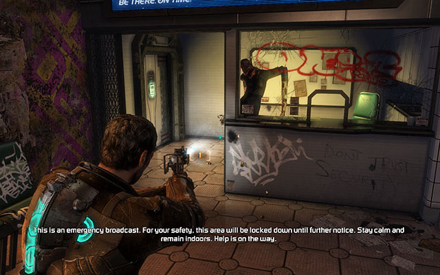 Kill two Necromorphs lurking downstairs - one is waiting at grates and another will jump on you near the elevator - Rendezvous with Norton | 1: Rude Awakening - 1: Rude Awakening - Dead Space 3 Game Guide