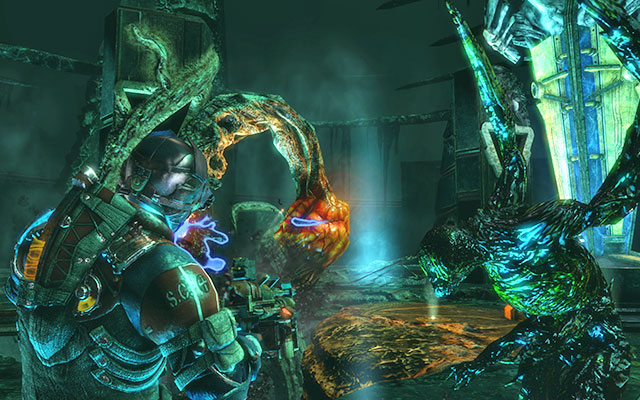 Both on the left and on the right side, youll find round platforms, which strengthen kinesis - you have to stand on them in order to turn machines - Align the Power Array | 18: Kill or Be Killed - 18: Kill or Be Killed - Dead Space 3 Game Guide