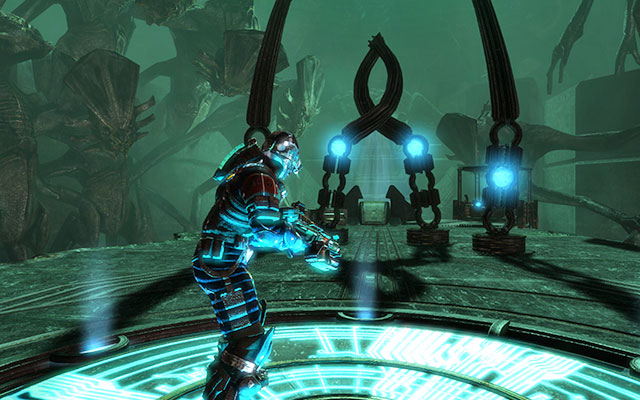 After clearing the location, go with the elevator to the place with pillars and two symbols on the wall - Complete the Array Sequence | 18: Kill or Be Killed - 18: Kill or Be Killed - Dead Space 3 Game Guide