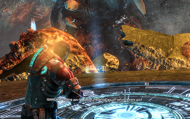 When the monster starts to pull you, you have to cut off his two tentacles, which grab a shard youre standing on - Reach the machine | 19: Endings - 19: Endings - Dead Space 3 Game Guide