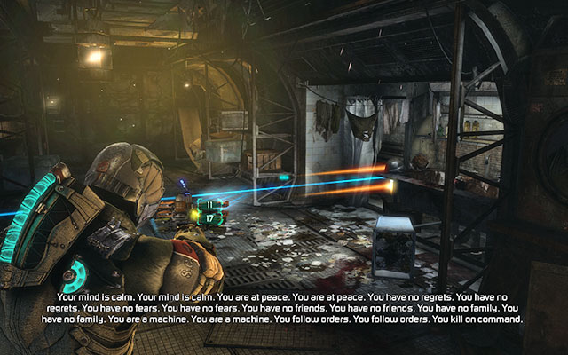 After crossing the gate youll get to the corridor full of explosives with a laser beam coming out of it - Scavenge the 163rd Reaper Barracks | Side missions: Reaper Barracks - Side missions: Reaper Barracks - Dead Space 3 Game Guide
