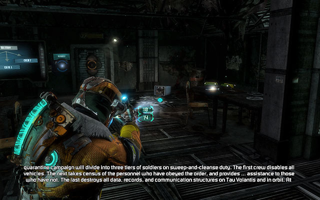 On the table to the right, inside the first room in barracks - Chapter 11 - p. 1 | Secrets - Secrets - Dead Space 3 Game Guide