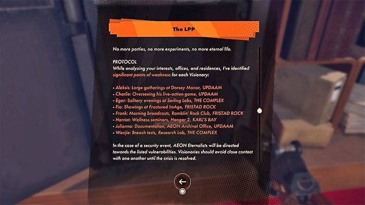 Inside the safe, you will find an LPP document that contains information on the identity and locations of 8 Visionaries (main antagonists) - Deathloop: Colts Prologue, The Longest Day - walkthrough - Prologue - Deathloop Guide