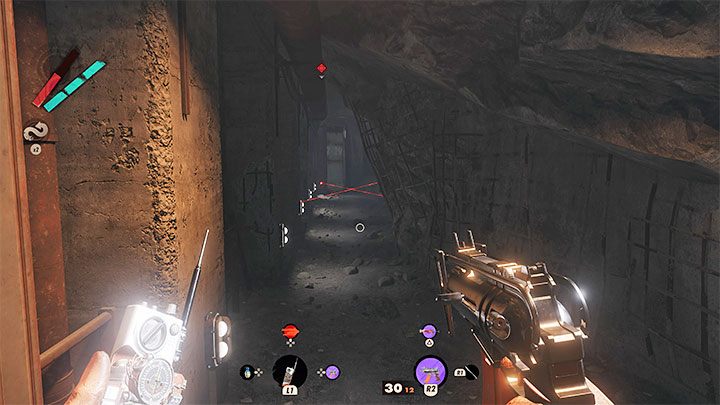 2) Choosing a path through the bunker - In this case, you will encounter opponents and security systems' cameras and turrets - Deathloop: Lost in Transmission - walkthrough - Visionary Leads - Deathloop Guide