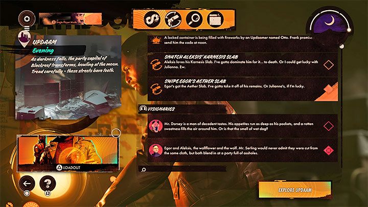 The described lead should be marked as completed at this point, and the whole point of the steps before was for Egor to appear at the costume ball organized by Aleksis - Deathloop: Lost in Transmission - walkthrough - Visionary Leads - Deathloop Guide