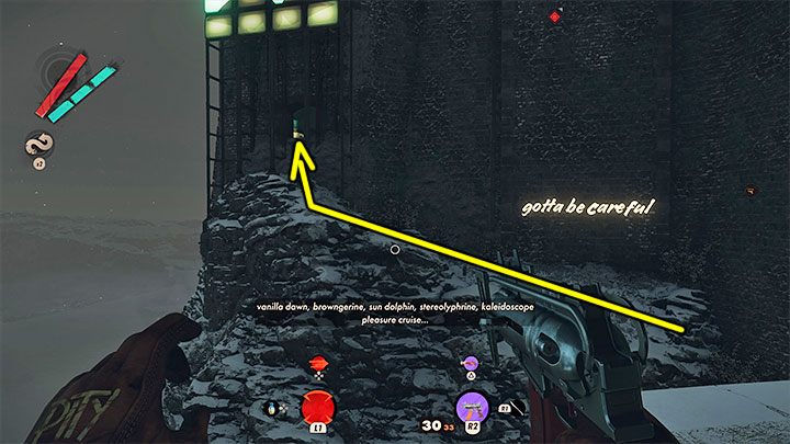 A safe way to get to the castle is to use a path that runs along the wall and allows you to reach the side shutters - Deathloop: Lost in Transmission - walkthrough - Visionary Leads - Deathloop Guide