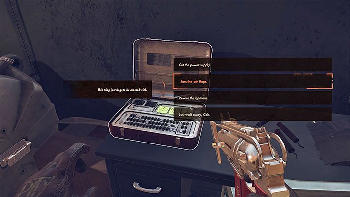 Stay in Karl's Bay and get to the back of hangar 2 to open the firework container- the code for the electronic lock is random, and you can read it in Colt's journal - Deathloop: Ending It - walkthrough - Finale - Deathloop Guide
