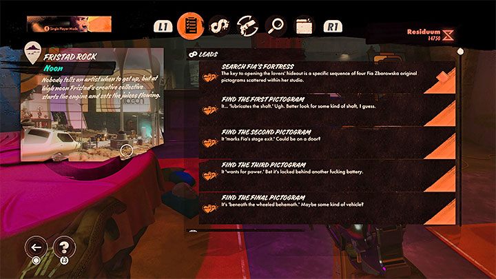 The four pictograms are unfortunately randomly selected by the game from a pictogram pool , so we unfortunately can't provide more detailed instructions on how to find them - Deathloop: Afternoon Delight - walkthrough - Visionary Leads - Deathloop Guide