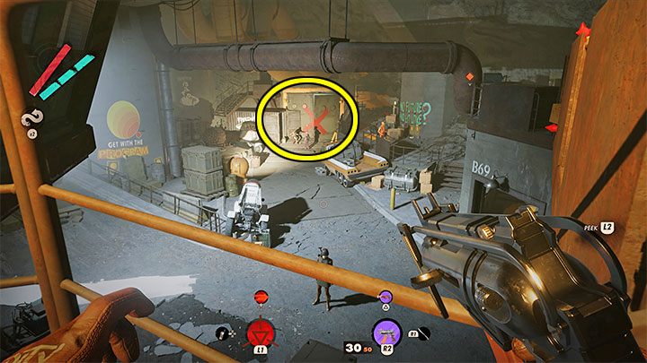 In the bunker, you need to head towards the huge gate with a red x painted on it, which we have marked in the screenshot - Deathloop: In This Together - walkthrough - Arsenal Leads - Deathloop Guide