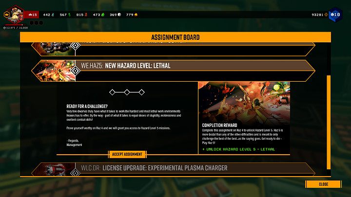 As you can see in the image above, an additional task consisting of 3 stages appeared in the Assignment Board terminal - Deep Rock Galactic: Hazard 5 (Lethal) - how to unlock? - FAQ - Deep Rock Galactic Guide