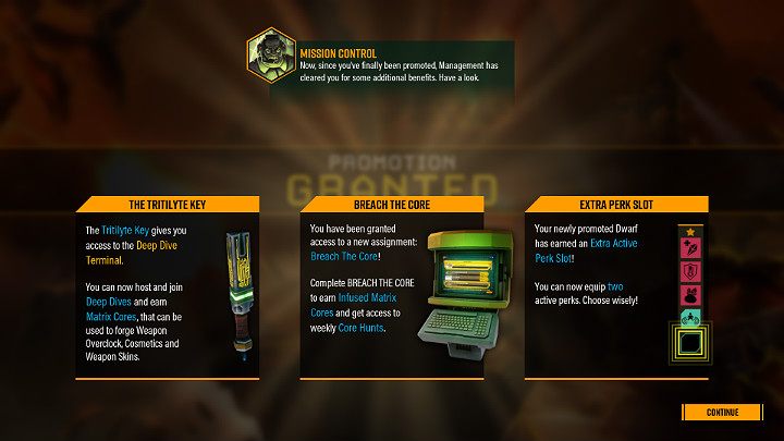 After winning the characters first promotion in the Deep Rock Galactic, the player unlocks the following things - Deep Rock Galactic: Character - how to promote? Promotion - Basics - Deep Rock Galactic Guide