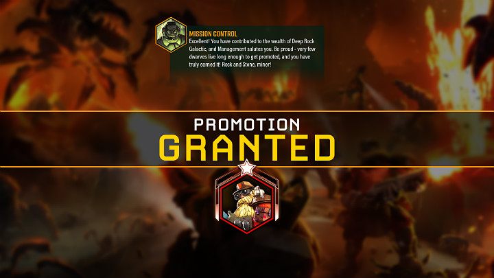 The characters first promotion gives the player a bronze frame with one white star - Deep Rock Galactic: Character - how to promote? Promotion - Basics - Deep Rock Galactic Guide
