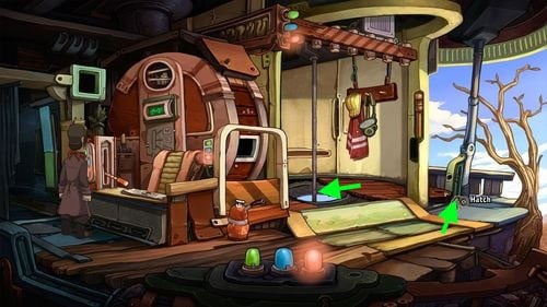 Use Handcuffs on the Hatch (right side of the floor), attaching it to the pole - Find coffee powder ingredients | Part 1 - Kuvaq - Part 1 - Kuvaq - Deponia Game Guide & Walkthrough