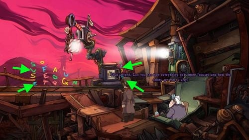 Now you have to focus on letters visible in a distance and tell the world, who you are - Place Goal in the mine cart | Part 2 - Junk Mine - Part 2 - Junk Mine - Deponia Game Guide & Walkthrough