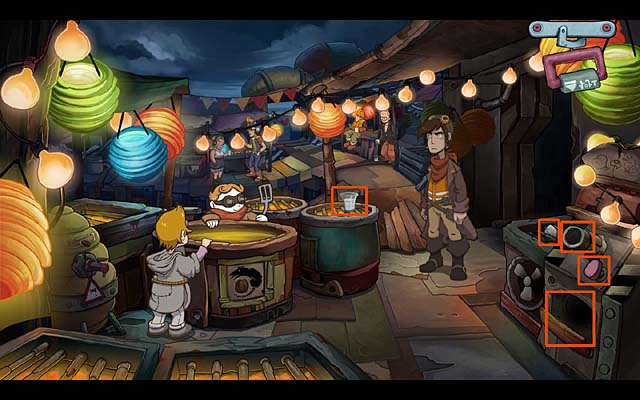 Put the glass with ice cubes on the grill, move away a little bit, and take a glass of water - Load a gun - Chapter one - Deponia Doomsday - Game Guide and Walkthrough