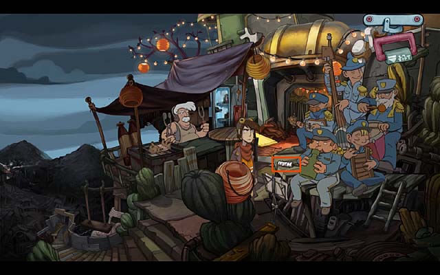 Take a bottle brush while the trumpeter on the front will be playing - Load a gun - Chapter one - Deponia Doomsday - Game Guide and Walkthrough