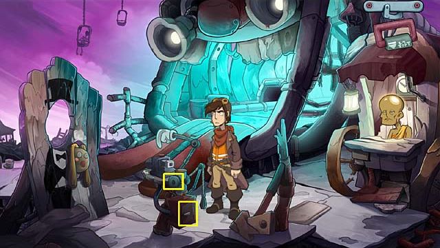 Now open the hatch in the bottom of the camera stand and put there the throttle limiter - Make the fortune teller to have a vision - Chapter four - Deponia Doomsday - Game Guide and Walkthrough