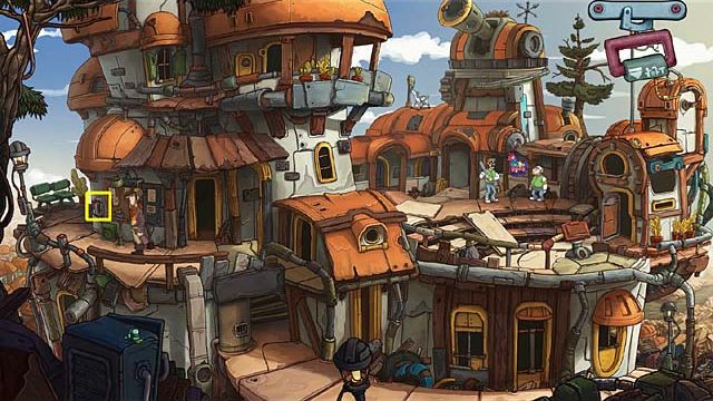Go to the front of the building where move the switch which is on the left side of the wall - Milk the goat - Chapter five - Deponia Doomsday - Game Guide and Walkthrough
