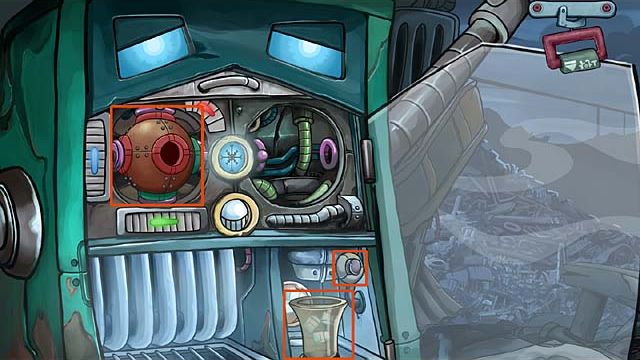 Click on the machine and open the glass door, then open the metal one - Save the pyramid of glasses - Chapter one - Deponia Doomsday - Game Guide and Walkthrough