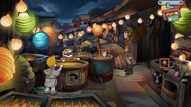 Take a glass of water, and use it on the jacket potato which is lying on the grill on the right side - Save the pyramid of glasses - Chapter one - Deponia Doomsday - Game Guide and Walkthrough