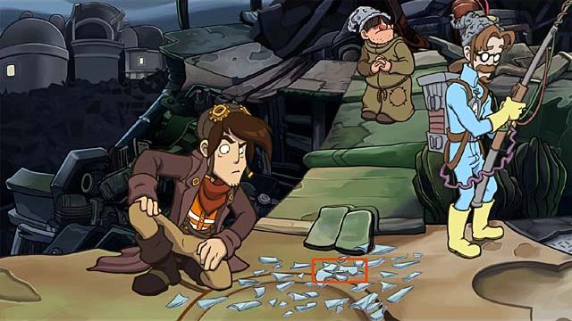 Go to the balloon and look at the shards of glass (PPM) - Find elephants secret hideout - Chapter one - Deponia Doomsday - Game Guide and Walkthrough