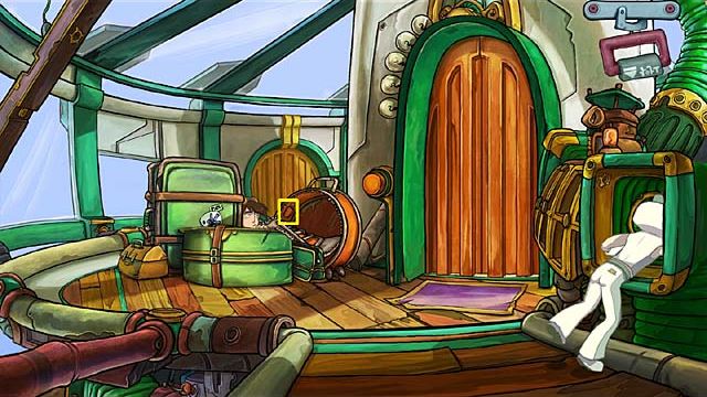 From the open luggage take a laser pointer (in the compartment on the left side), and use it on the huge pipe where the animal escapes - Get to the elevator - Chapter three - Deponia Doomsday - Game Guide and Walkthrough