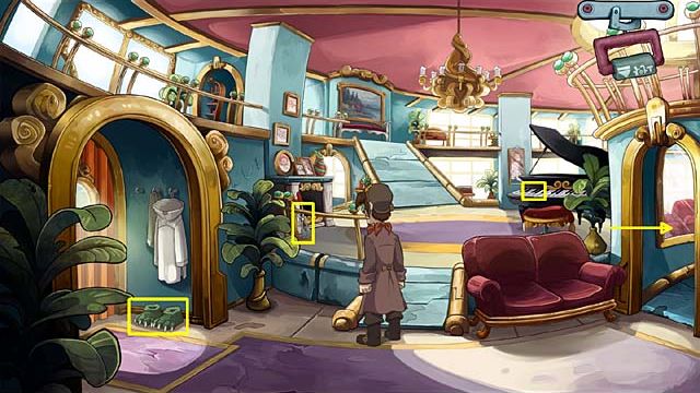 Take monster feet slippers (under the coat hanger) and coal tongs left near the fireplace (on the left side of the oval lounge) - Get into the chill-out zone - Chapter three - Deponia Doomsday - Game Guide and Walkthrough
