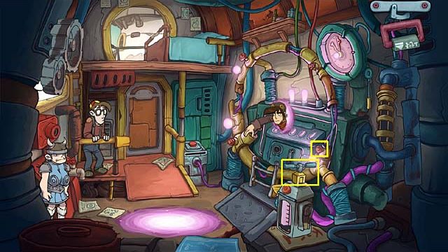 Use the tachyon key on the strange thing a-me-bobs which is on the right side of the time machine - Come back to Paradox City at a right time - Chapter six - Deponia Doomsday - Game Guide and Walkthrough