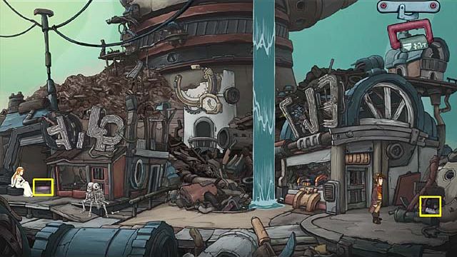 Come back to the city center and use the crowbar to open the garage door (on the left) - Come back to the Paradox City at a right time once again - Chapter six - Deponia Doomsday - Game Guide and Walkthrough