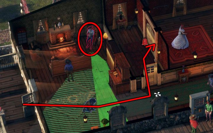 After climbing the ivy you will find yourself right next to a single bandit leaning against a railing - Desperados 3: Get Cooper to the mayors office - mission 4, walkthrough - Mission 4 - Until Death Do Us Part - Desperados 3 Guide